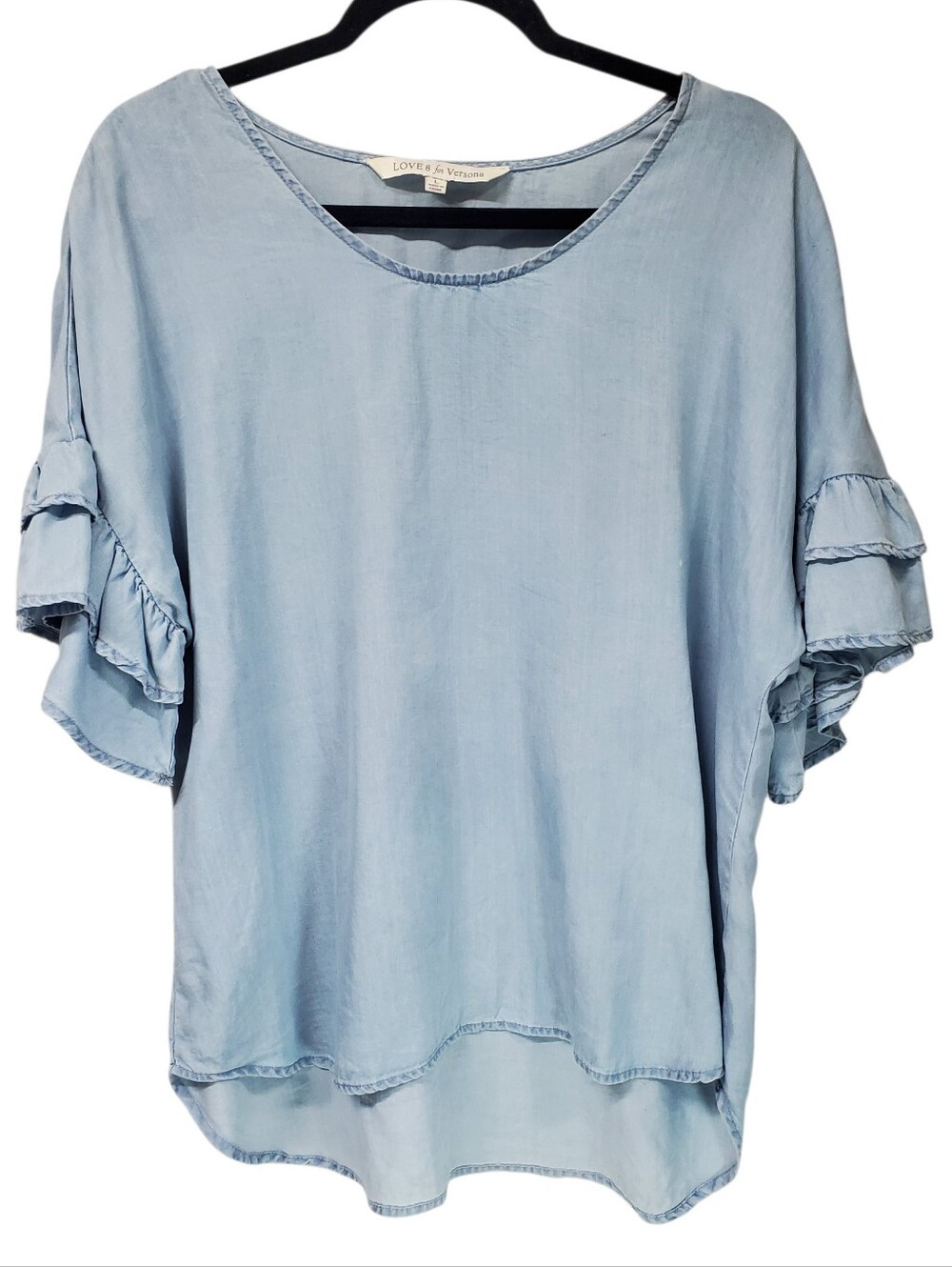 Love 8 Versona Denim Chambray Top Size Large Ruffled Sleeves Cottagcore Style